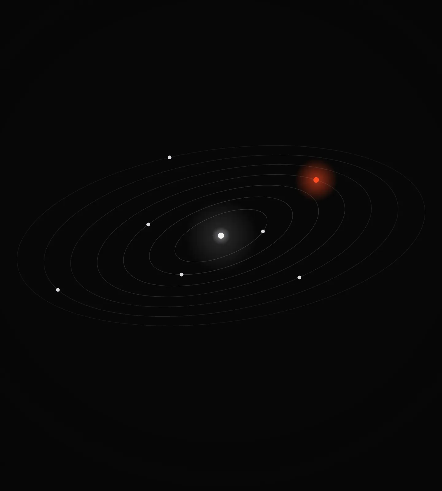 Thin concentric orbits with small nodes, one glowing orange.