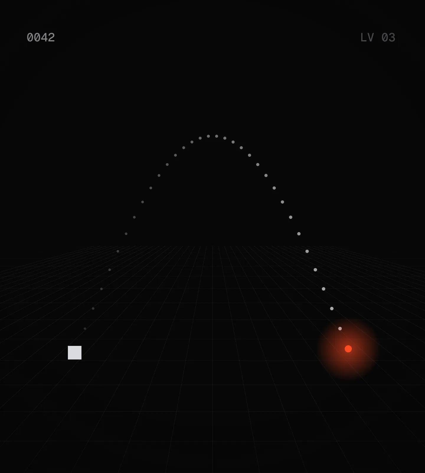 A minimal arcade scene: a glowing arc over a dark grid.