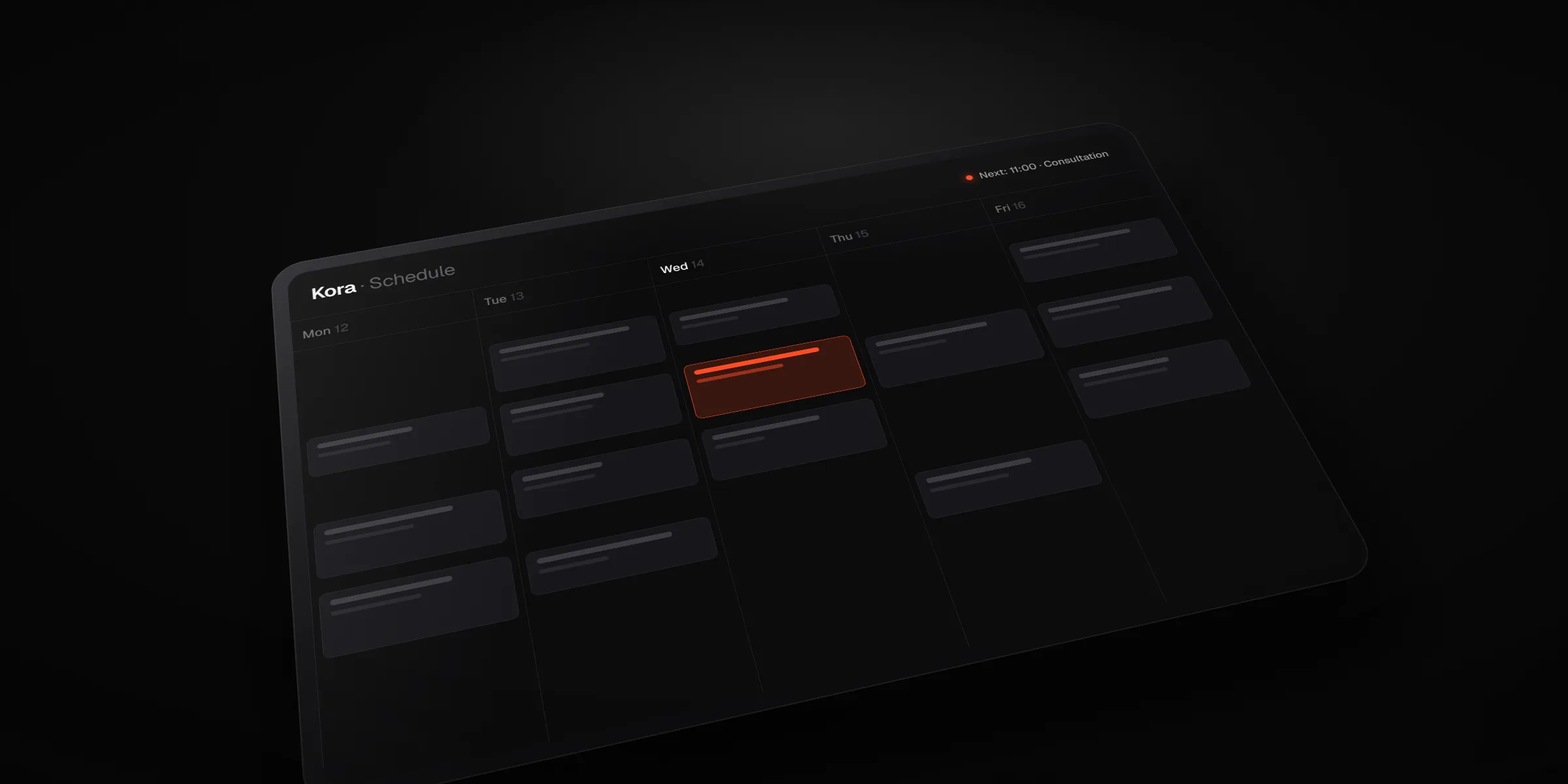A dark tablet displaying a minimal clinic schedule with one appointment highlighted in orange.