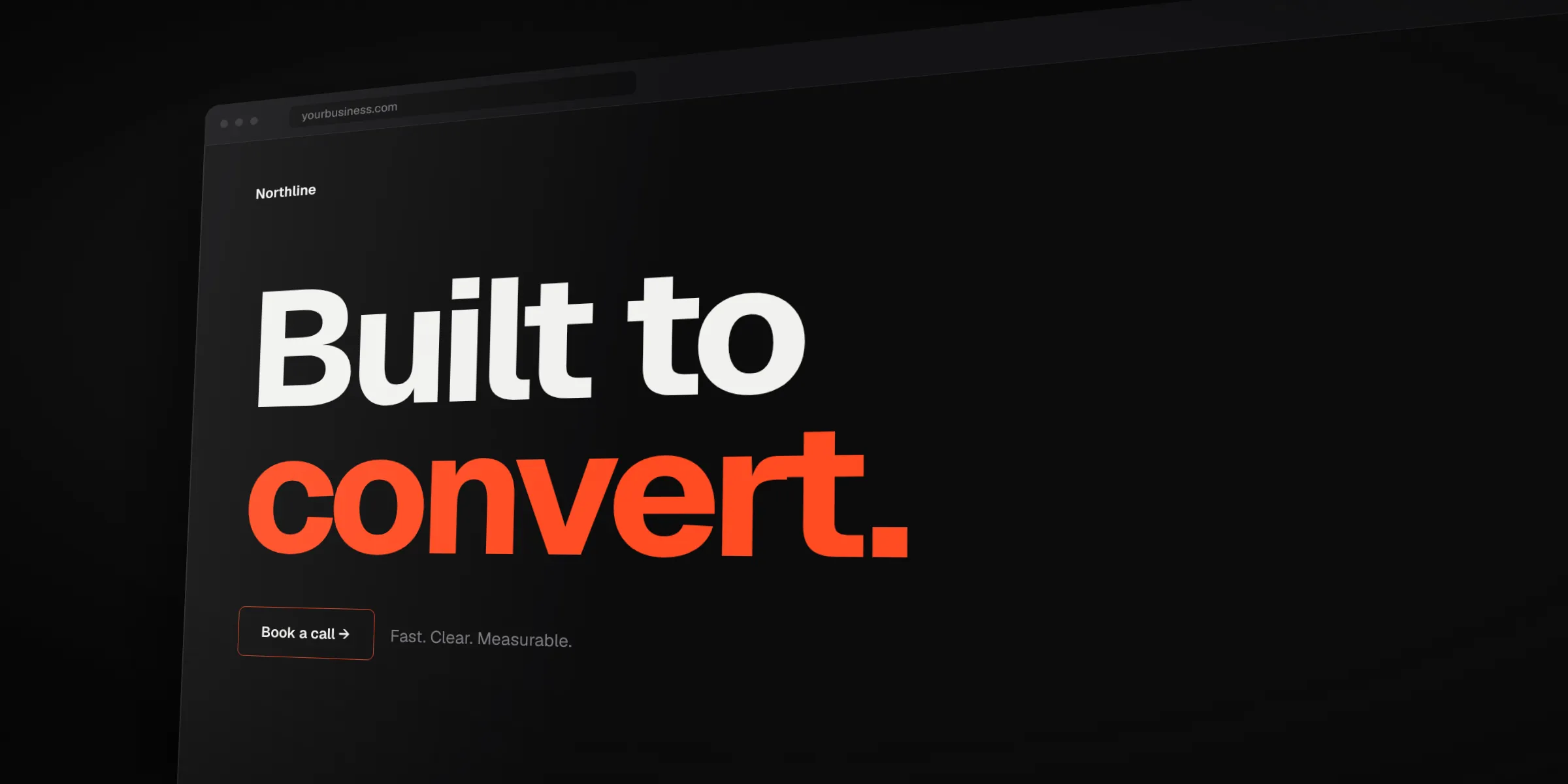 A browser window in perspective showing a bold headline on a dark, minimal website.